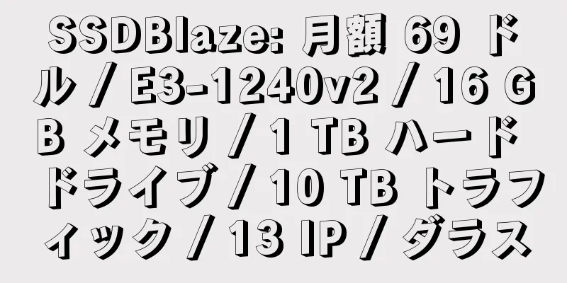 SSDBlaze: 月額 69 ドル / E3-1240v2 / 16 GB メモリ / 1 TB ハード ドライブ / 10 TB トラフィック / 13 IP / ダラス