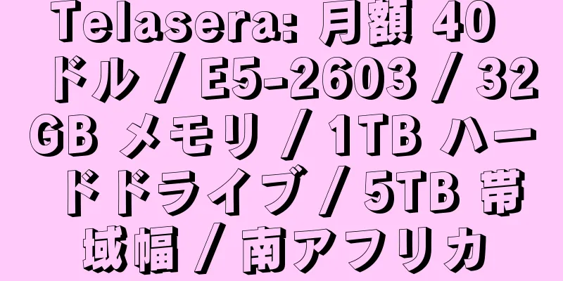 Telasera: 月額 40 ドル / E5-2603 / 32GB メモリ / 1TB ハードドライブ / 5TB 帯域幅 / 南アフリカ