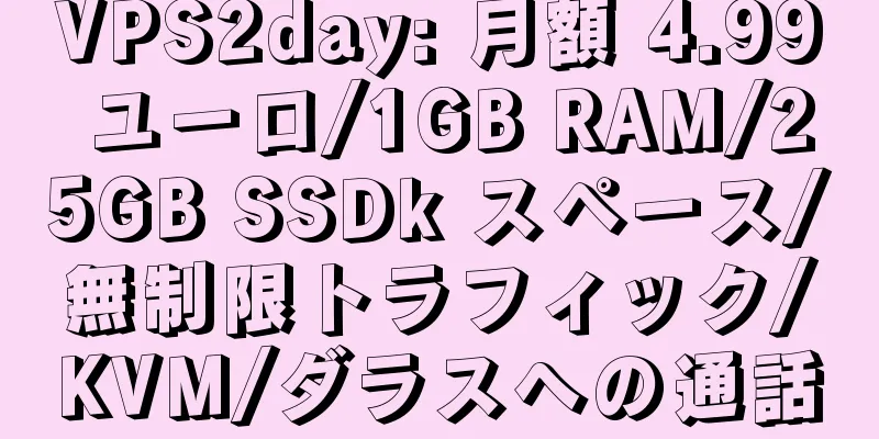 VPS2day: 月額 4.99 ユーロ/1GB RAM/25GB SSDk スペース/無制限トラフィック/KVM/ダラスへの通話