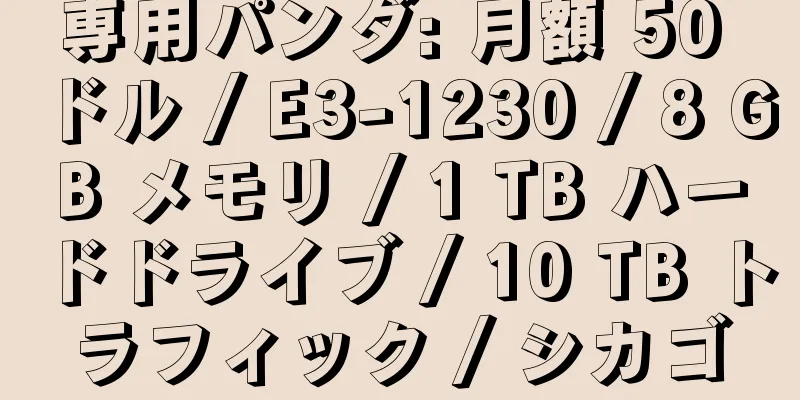 専用パンダ: 月額 50 ドル / E3-1230 / 8 GB メモリ / 1 TB ハードドライブ / 10 TB トラフィック / シカゴ