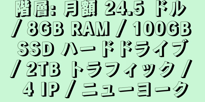 階層: 月額 24.5 ドル / 8GB RAM / 100GB SSD ハードドライブ / 2TB トラフィック / 4 IP / ニューヨーク