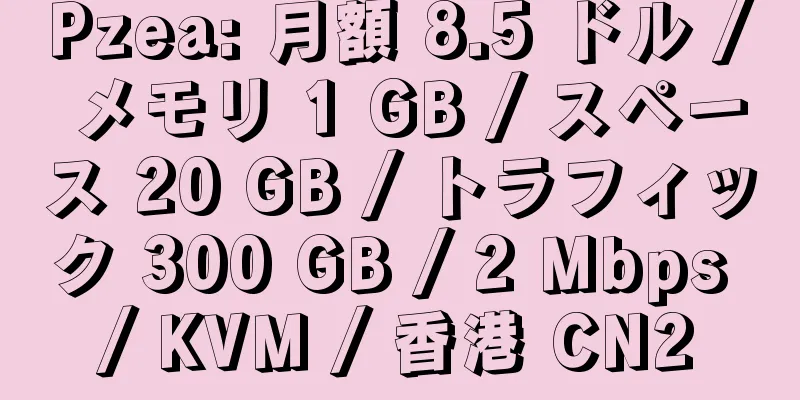 Pzea: 月額 8.5 ドル / メモリ 1 GB / スペース 20 GB / トラフィック 300 GB / 2 Mbps / KVM / 香港 CN2