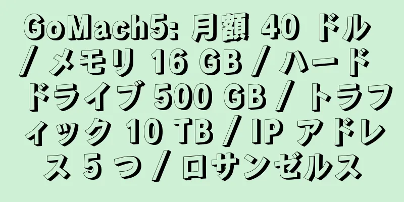 GoMach5: 月額 40 ドル / メモリ 16 GB / ハード ドライブ 500 GB / トラフィック 10 TB / IP アドレス 5 つ / ロサンゼルス