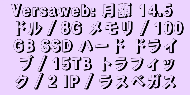 Versaweb: 月額 14.5 ドル / 8G メモリ / 100GB SSD ハード ドライブ / 15TB トラフィック / 2 IP / ラスベガス