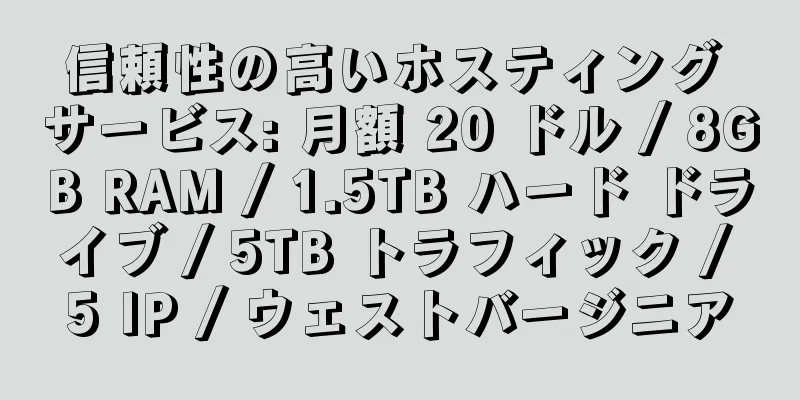 信頼性の高いホスティング サービス: 月額 20 ドル / 8GB RAM / 1.5TB ハード ドライブ / 5TB トラフィック / 5 IP / ウェストバージニア