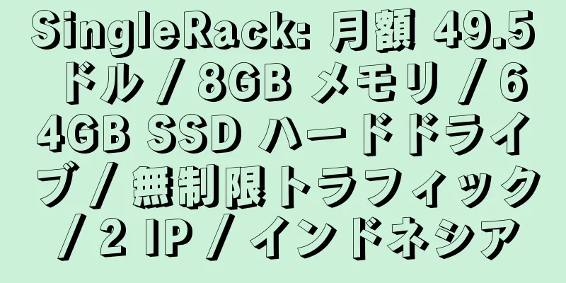 SingleRack: 月額 49.5 ドル / 8GB メモリ / 64GB SSD ハードドライブ / 無制限トラフィック / 2 IP / インドネシア