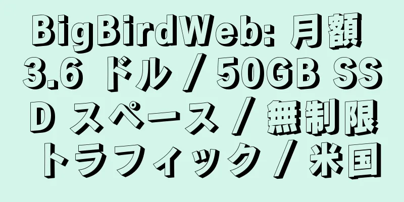 BigBirdWeb: 月額 3.6 ドル / 50GB SSD スペース / 無制限トラフィック / 米国