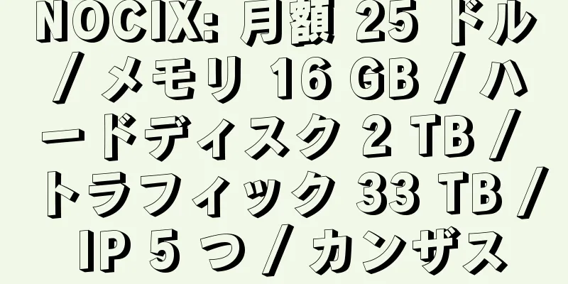 NOCIX: 月額 25 ドル / メモリ 16 GB / ハードディスク 2 TB / トラフィック 33 TB / IP 5 つ / カンザス