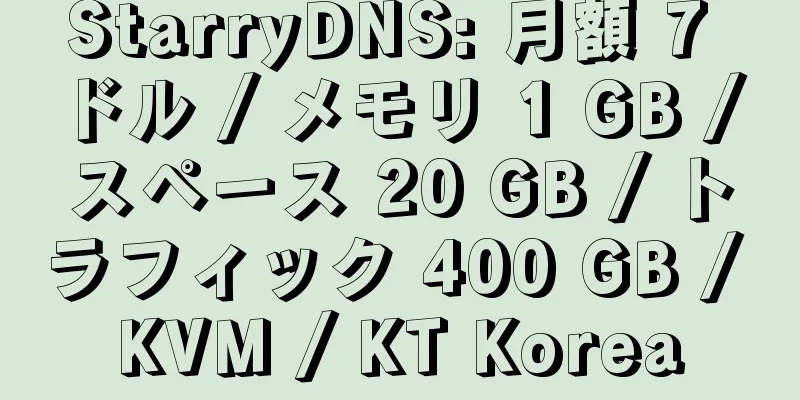 StarryDNS: 月額 7 ドル / メモリ 1 GB / スペース 20 GB / トラフィック 400 GB / KVM / KT Korea