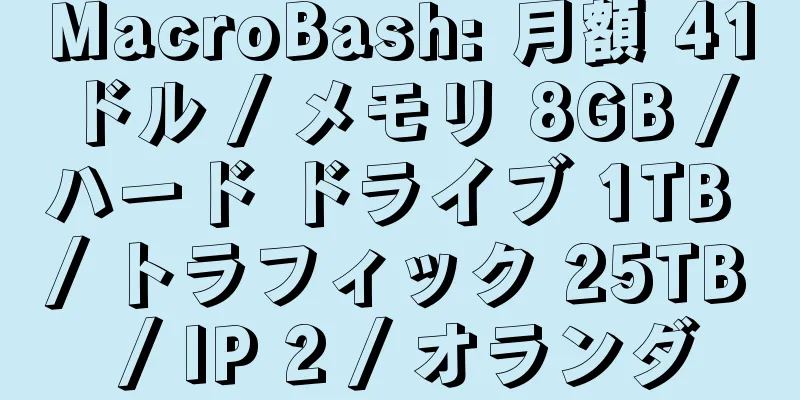 MacroBash: 月額 41 ドル / メモリ 8GB / ハード ドライブ 1TB / トラフィック 25TB / IP 2 / オランダ