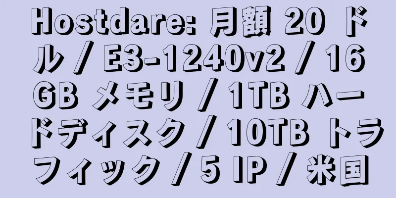 Hostdare: 月額 20 ドル / E3-1240v2 / 16GB メモリ / 1TB ハードディスク / 10TB トラフィック / 5 IP / 米国