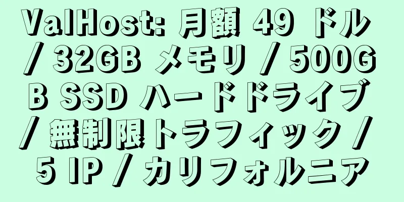 ValHost: 月額 49 ドル / 32GB メモリ / 500GB SSD ハードドライブ / 無制限トラフィック / 5 IP / カリフォルニア