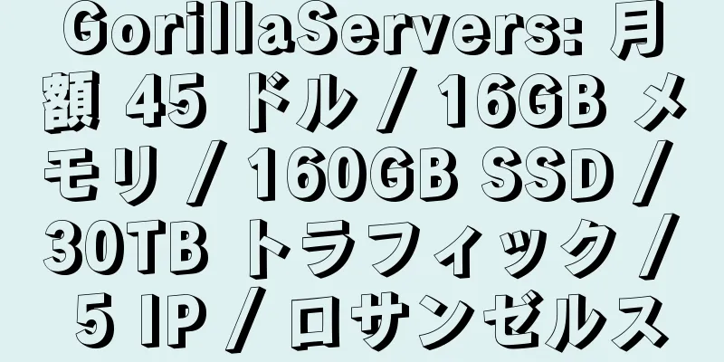 GorillaServers: 月額 45 ドル / 16GB メモリ / 160GB SSD / 30TB トラフィック / 5 IP / ロサンゼルス