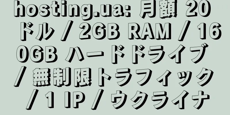 hosting.ua: 月額 20 ドル / 2GB RAM / 160GB ハードドライブ / 無制限トラフィック / 1 IP / ウクライナ