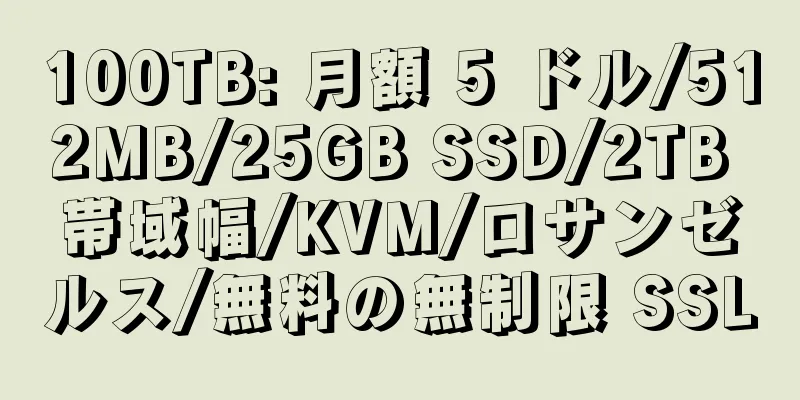 100TB: 月額 5 ドル/512MB/25GB SSD/2TB 帯域幅/KVM/ロサンゼルス/無料の無制限 SSL