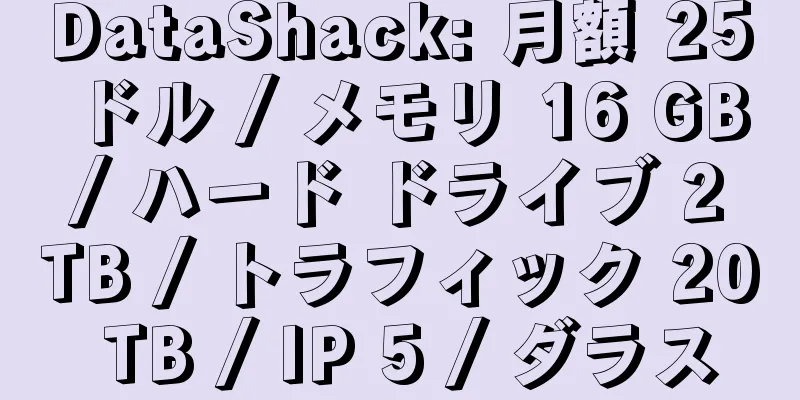 DataShack: 月額 25 ドル / メモリ 16 GB / ハード ドライブ 2 TB / トラフィック 20 TB / IP 5 / ダラス