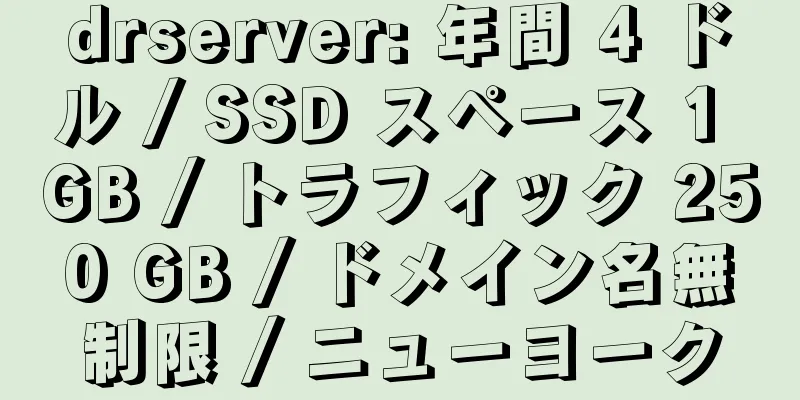 drserver: 年間 4 ドル / SSD スペース 1 GB / トラフィック 250 GB / ドメイン名無制限 / ニューヨーク