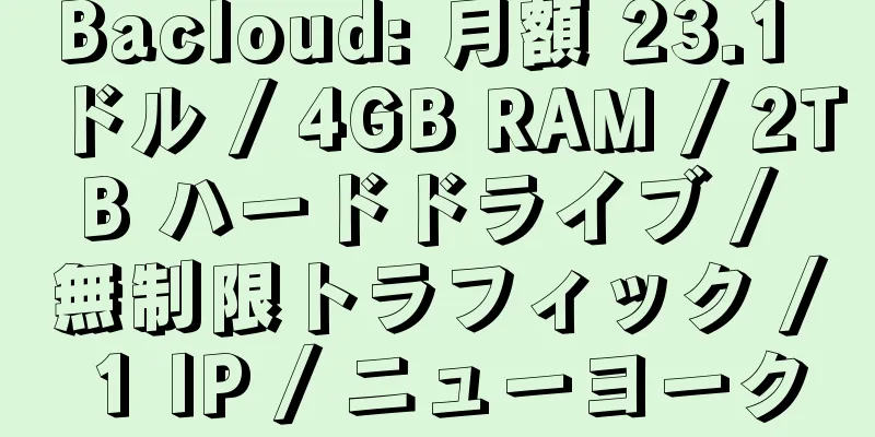 Bacloud: 月額 23.1 ドル / 4GB RAM / 2TB ハードドライブ / 無制限トラフィック / 1 IP / ニューヨーク