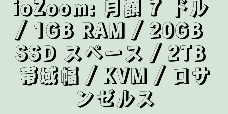 ioZoom: 月額 7 ドル / 1GB RAM / 20GB SSD スペース / 2TB 帯域幅 / KVM / ロサンゼルス