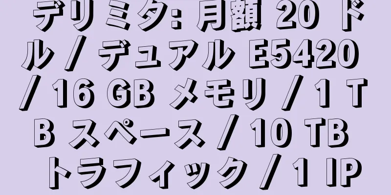 デリミタ: 月額 20 ドル / デュアル E5420 / 16 GB メモリ / 1 TB スペース / 10 TB トラフィック / 1 IP