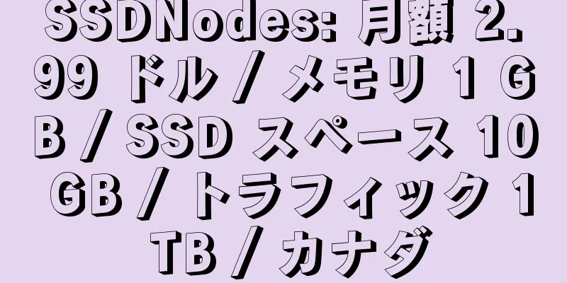 SSDNodes: 月額 2.99 ドル / メモリ 1 GB / SSD スペース 10 GB / トラフィック 1 TB / カナダ