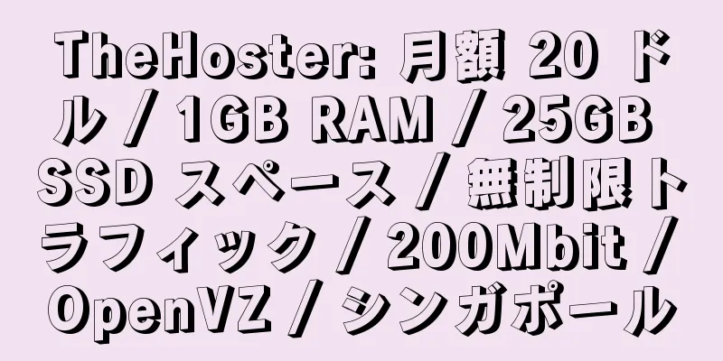 TheHoster: 月額 20 ドル / 1GB RAM / 25GB SSD スペース / 無制限トラフィック / 200Mbit / OpenVZ / シンガポール