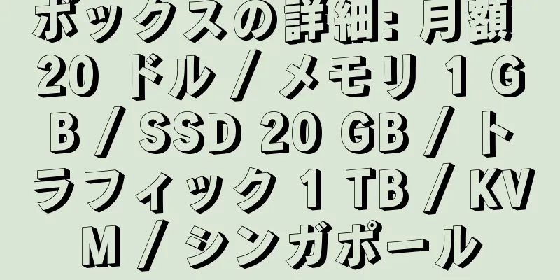 ボックスの詳細: 月額 20 ドル / メモリ 1 GB / SSD 20 GB / トラフィック 1 TB / KVM / シンガポール