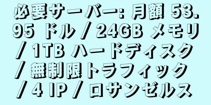 必要サーバー: 月額 53.95 ドル / 24GB メモリ / 1TB ハードディスク / 無制限トラフィック / 4 IP / ロサンゼルス