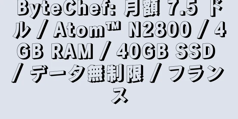 ByteChef: 月額 7.5 ドル / Atom™ N2800 / 4GB RAM / 40GB SSD / データ無制限 / フランス