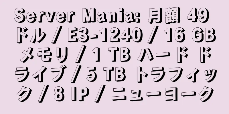 Server Mania: 月額 49 ドル / E3-1240 / 16 GB メモリ / 1 TB ハード ドライブ / 5 TB トラフィック / 8 IP / ニューヨーク