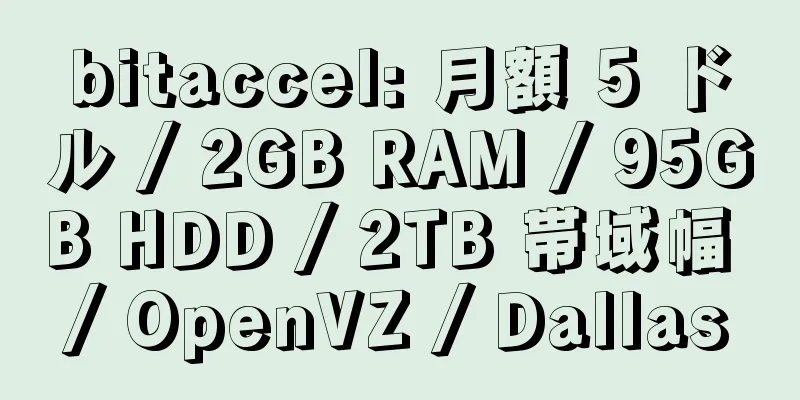 bitaccel: 月額 5 ドル / 2GB RAM / 95GB HDD / 2TB 帯域幅 / OpenVZ / Dallas