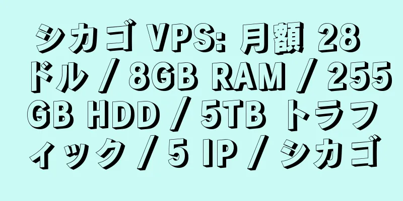 シカゴ VPS: 月額 28 ドル / 8GB RAM / 255GB HDD / 5TB トラフィック / 5 IP / シカゴ