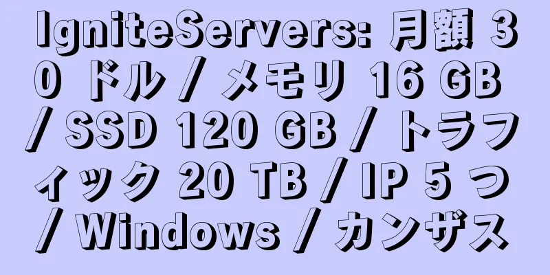 IgniteServers: 月額 30 ドル / メモリ 16 GB / SSD 120 GB / トラフィック 20 TB / IP 5 つ / Windows / カンザス