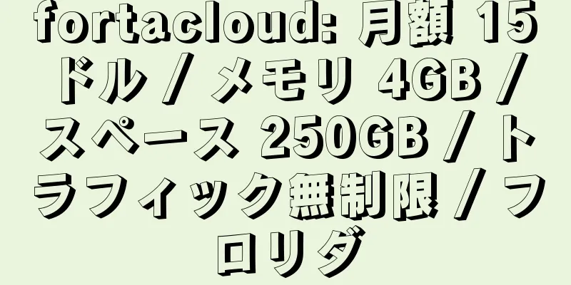 fortacloud: 月額 15 ドル / メモリ 4GB / スペース 250GB / トラフィック無制限 / フロリダ