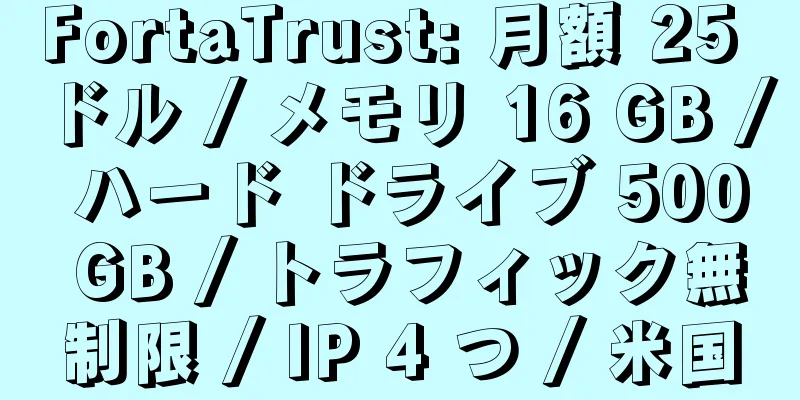 FortaTrust: 月額 25 ドル / メモリ 16 GB / ハード ドライブ 500 GB / トラフィック無制限 / IP 4 つ / 米国