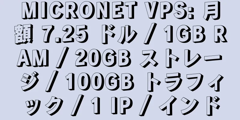 MICRONET VPS: 月額 7.25 ドル / 1GB RAM / 20GB ストレージ / 100GB トラフィック / 1 IP / インド