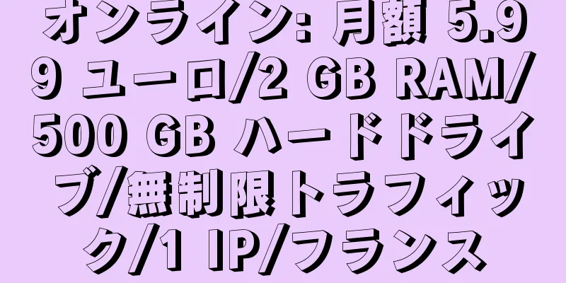 オンライン: 月額 5.99 ユーロ/2 GB RAM/500 GB ハードドライブ/無制限トラフィック/1 IP/フランス