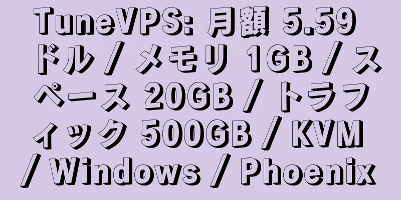 TuneVPS: 月額 5.59 ドル / メモリ 1GB / スペース 20GB / トラフィック 500GB / KVM / Windows / Phoenix