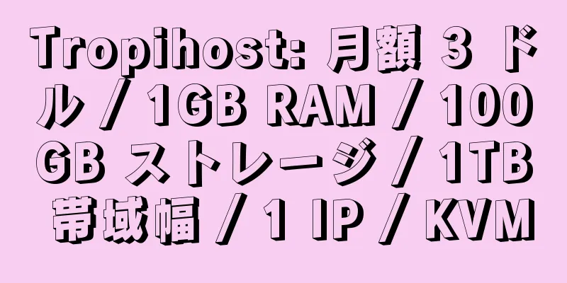 Tropihost: 月額 3 ドル / 1GB RAM / 100GB ストレージ / 1TB 帯域幅 / 1 IP / KVM