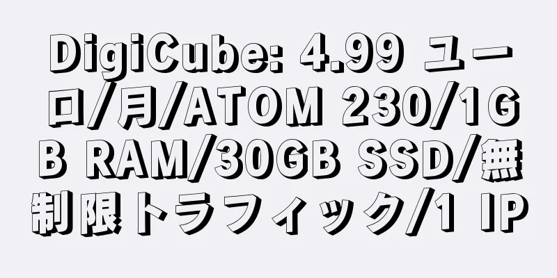 DigiCube: 4.99 ユーロ/月/ATOM 230/1GB RAM/30GB SSD/無制限トラフィック/1 IP