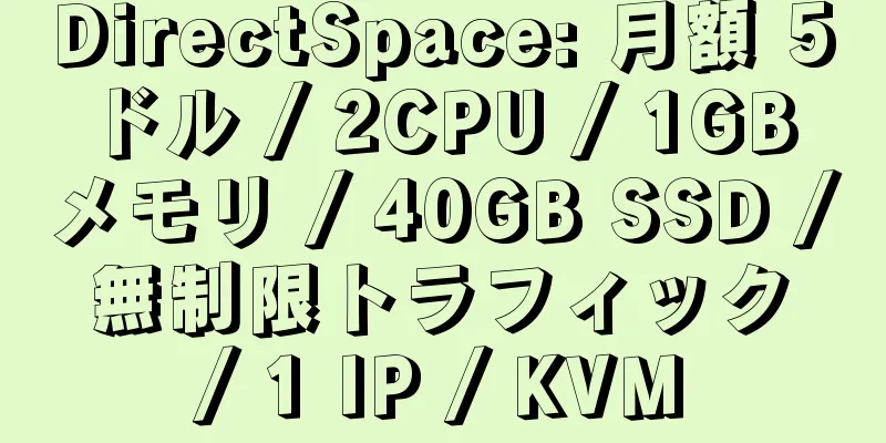 DirectSpace: 月額 5 ドル / 2CPU / 1GB メモリ / 40GB SSD / 無制限トラフィック / 1 IP / KVM