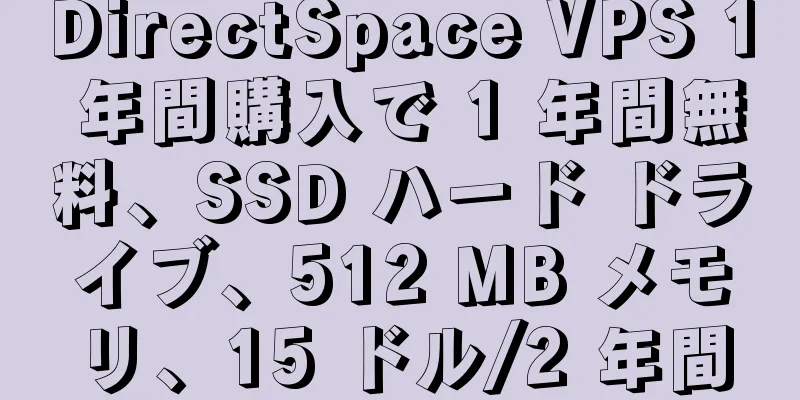 DirectSpace VPS 1 年間購入で 1 年間無料、SSD ハード ドライブ、512 MB メモリ、15 ドル/2 年間