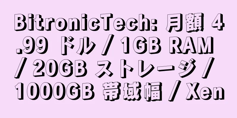 BitronicTech: 月額 4.99 ドル / 1GB RAM / 20GB ストレージ / 1000GB 帯域幅 / Xen