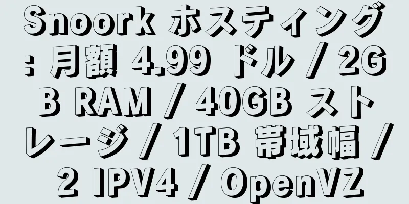 Snoork ホスティング: 月額 4.99 ドル / 2GB RAM / 40GB ストレージ / 1TB 帯域幅 / 2 IPV4 / OpenVZ