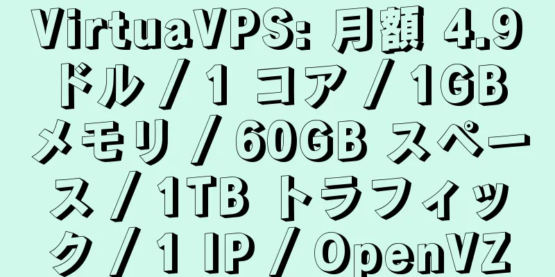 VirtuaVPS: 月額 4.9 ドル / 1 コア / 1GB メモリ / 60GB スペース / 1TB トラフィック / 1 IP / OpenVZ