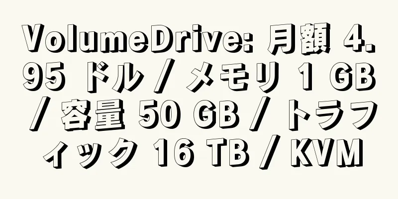 VolumeDrive: 月額 4.95 ドル / メモリ 1 GB / 容量 50 GB / トラフィック 16 TB / KVM