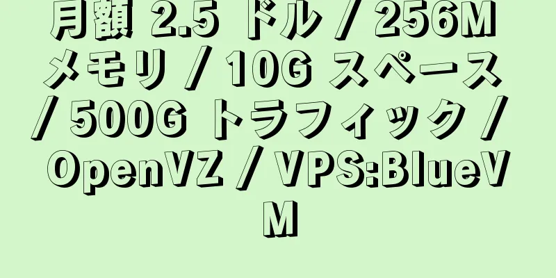 月額 2.5 ドル / 256M メモリ / 10G スペース / 500G トラフィック / OpenVZ / VPS:BlueVM